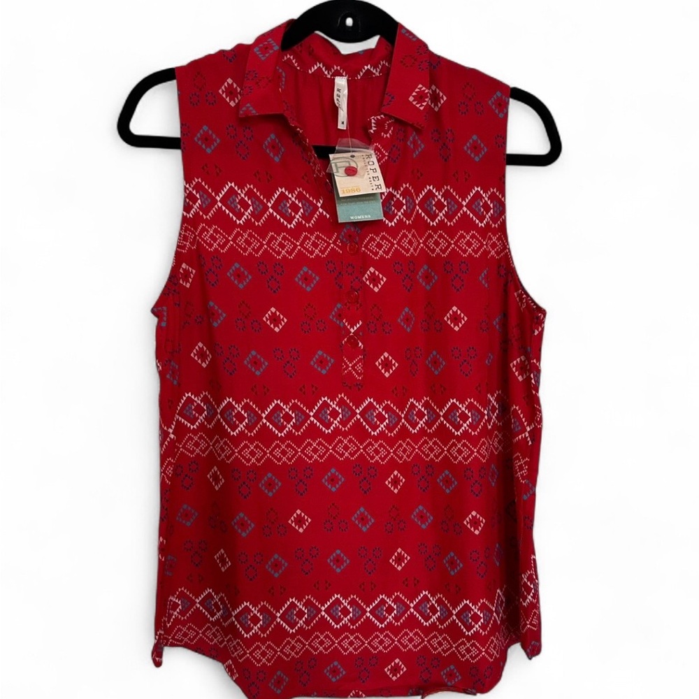 Roper Southwestern Aztec Tribal Red White Blue Sleeveless Rayon Challis Shirt-M